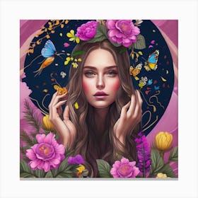 Portrait Of Girl With Flowers And Butterflies Canvas Print