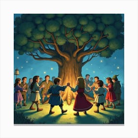 Watercolor Scene Of Hobbits Dancing Under The Party Tree At Night Canvas Print