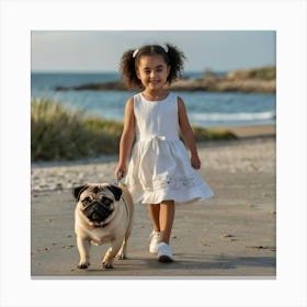 Little Girl Walking Her Pug Canvas Print