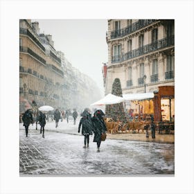 Paris cafes, winter season, Christmas, pale colors, pedestrians in the street, winter clothes, falling snow.12 Canvas Print