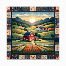 A Stylized Illustration Of A Patchwork Quilt Depicting A Serene Farm Scene With Red Barns, A Farmhouse, Rolling Hills, A Sunrise, And A Field Of Flowers Canvas Print