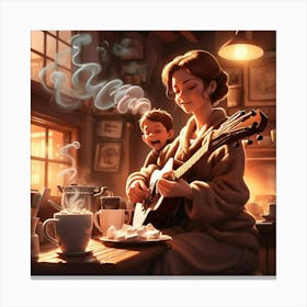 Mother And Son Playing Guitar Canvas Print