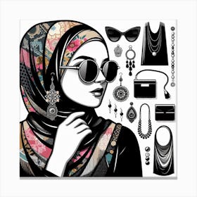 Hijab and Accessories: A Digital Art of a Woman with Diverse and Creative Fashion Canvas Print