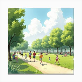 An English City Park With Joggers And Families Enjoying A Sunny Day, Watercolor 1 Canvas Print