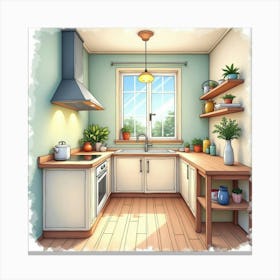 Bright And Beautiful Kitchen In Watercolor, Lively Design 1 Canvas Print