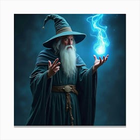 Wise Old Wizard Casting Spell With Ethereal Blue Energy Canvas Print