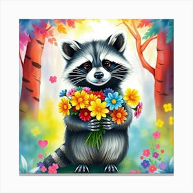 A Raccoon Holding A Bouquet Of Rainbow Flowers, Standing In A Vibrant Watercolor Forest Canvas Print