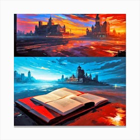 Sunset With Book And City Canvas Print