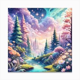 A Fantasy Forest With Twinkling Stars In Pastel Tone Square Composition 367 Canvas Print