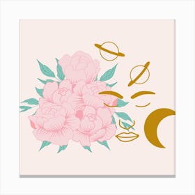 Golden Woman And Flowers Square Canvas Print