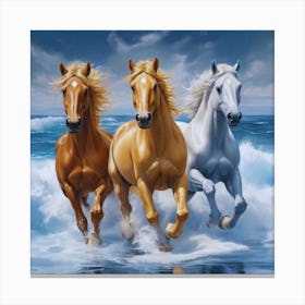 White, Brown,Golden Horses Running In The Beach Canvas Print