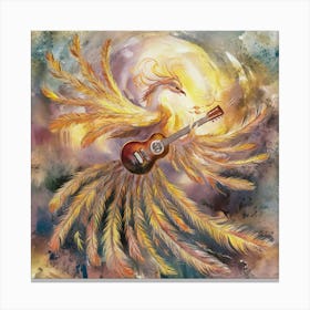 Phoenix With Guitar awater color paint An exquisite, abstract rendition of soulful strumming, where the guitar is metaphorically replaced by a soaring, ethereal phoenix. The bird's vibrant feathers cascade like strings, emanating a warm, golden glow. As it strums its own divine melody, the phoenix embodies the spiritual essence of music, transcending physicality and resonating with the deepest chords of the soul. The background is a harmonious blend of dreamy, impressionistic hues, evoking a sense of transcendence and boundless creativity. Canvas Print