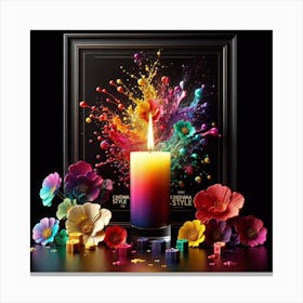 A lit candle inside a picture frame surrounded by flowers 2 Canvas Print