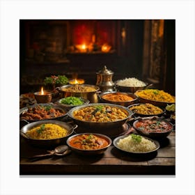 Assortment Of Indian Cuisine Showcasing Vibrant Freshness Biryani Dal Tandoori Vegetables And A Canvas Print