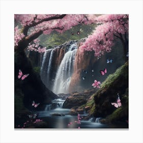 Waterfall With Butterflies and Pink flowers Canvas Print