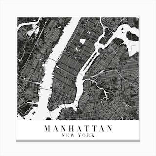 Manhattan New York Minimal Black Mono Street Map  Square Canvas Print