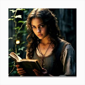 A Young Woman With A Gentle Smile Her Eyes Sparkling With Curiosity Holds A Thick Ancient Book Canvas Print