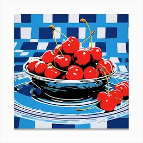 Cherries Pop Art Blue Checkerboard 2 Canvas Print