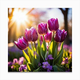 Bouquet Of Vibrant Purple Tulips Rising Toward A Majestic Sun In A Lush Spring Park Three Graceful (1) 2 Canvas Print