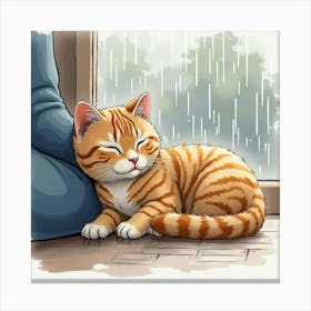 A Gentle Scottish Fold Cat Resting Beside Its Human On A Rainy Day, Watercolor 1 Canvas Print