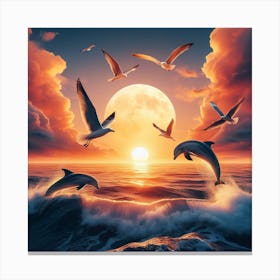Sunset with Dolphins 3 Canvas Print