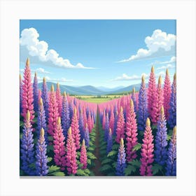 A Picturesque Scene Of A Field Of Pink And Purple Lupines Under A Blue Sky 5 Canvas Print