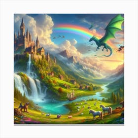 Castle With A Dragon And Rainbow Canvas Print