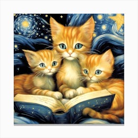 Three Kittens Reading A Book Canvas Print