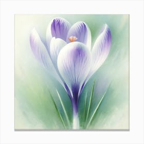 "Whispers of Spring"  A trio of crocuses emerges with grace, their violet and white hues a soft whisper against the gentle green canvas of new beginnings.  Step into the essence of spring with 'Whispers of Spring', a delicate portrayal of crocus flowers that symbolizes hope and joy. This artwork, with its soft brushstrokes and soothing colors, offers a serene retreat into nature's gentle embrace, ideal for creating a space of calm and reflection. Canvas Print