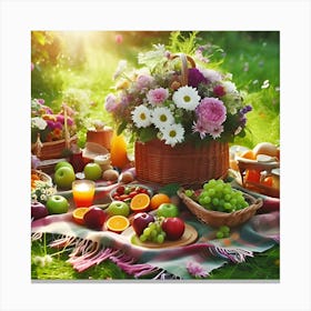 A Picnic On A Green Meadow With A Basket Of Fruits And Flowers 4 Canvas Print