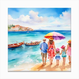 Watercolor Family On The Beach Canvas Print