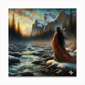 Oil Texture Native American Woman By Stream 2 Canvas Print