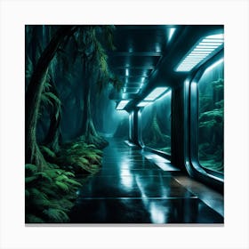 Forest Night Rain Interior Lit Entrances To Alien Spaceship Corridors Fumes From Outdoor Air Con 1 Canvas Print