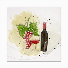 Watercolor Wine Bottle And Grapes Canvas Print