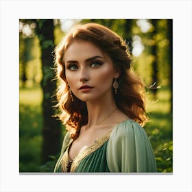 Beautiful Woman In Green Dress In The Forest Canvas Print