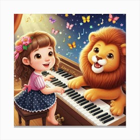 Little Girl Playing Piano With Lion Canvas Print