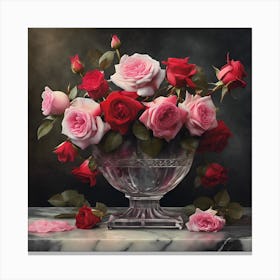 Red and Pink Damask Rose Bouquet Canvas Print