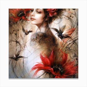 Woman With Red Flowers Canvas Print