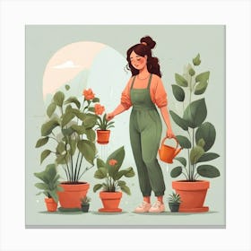 Gardener Woman Watering Plants Canvas Print