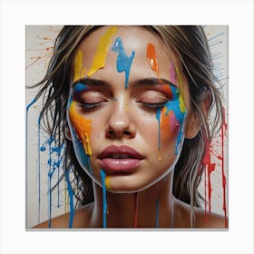 Portrait of a woman crying with tears of paint, glossy painting 1 Canvas Print