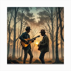 Two Men Playing Guitar In The Forest Canvas Print