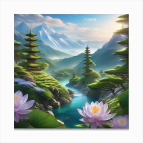 Zen Landscape With Lotus Flowers Canvas Print