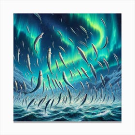 Sardines Dancing Under The Northern Lights In The Arctic Ocean, Style Realistic Oil Painting 3 Canvas Print