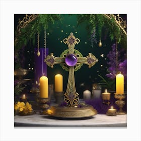 Purple Cross With Candles 1 Canvas Print