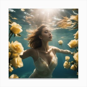 Tyndall Effect, A Beautiful Women Lies Underwater In Front Of Pale Yellow Roses ,Sunbeams In The Sty Canvas Print