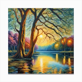Sunset Silhouettes - Reflective Water and Bare Trees Canvas Print | Tranquil Evening Landscape wall Art Canvas Print