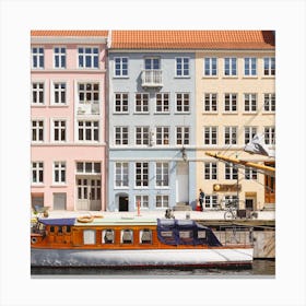 Copenhagen Pastel Nyhavn Houses And Boat Square Canvas Print
