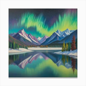 Aurora Over Snow Capped Peaks A Tranquil Mountain Reflection (2) Canvas Print