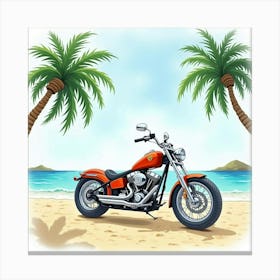 Chopper Bike On A Sandy Beach With Palm Trees Watercolor 1 Canvas Print