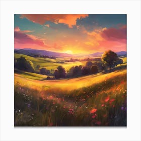 Wild Flower Meadow at Sunset Canvas Print